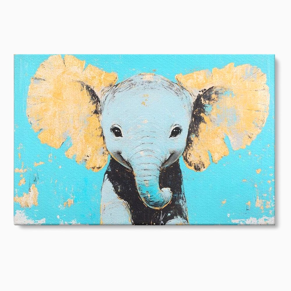 Leinwand Wandkunst Canvas Premium, LuxCanva® M1318, Pastell Freude, Elefant, Porträt, Gold, strukturiert, Vintage, niedlich, Trompete, Ohren, Glück, Lächeln, Unschuld, Büro, Wohnen, Kinderzimmer