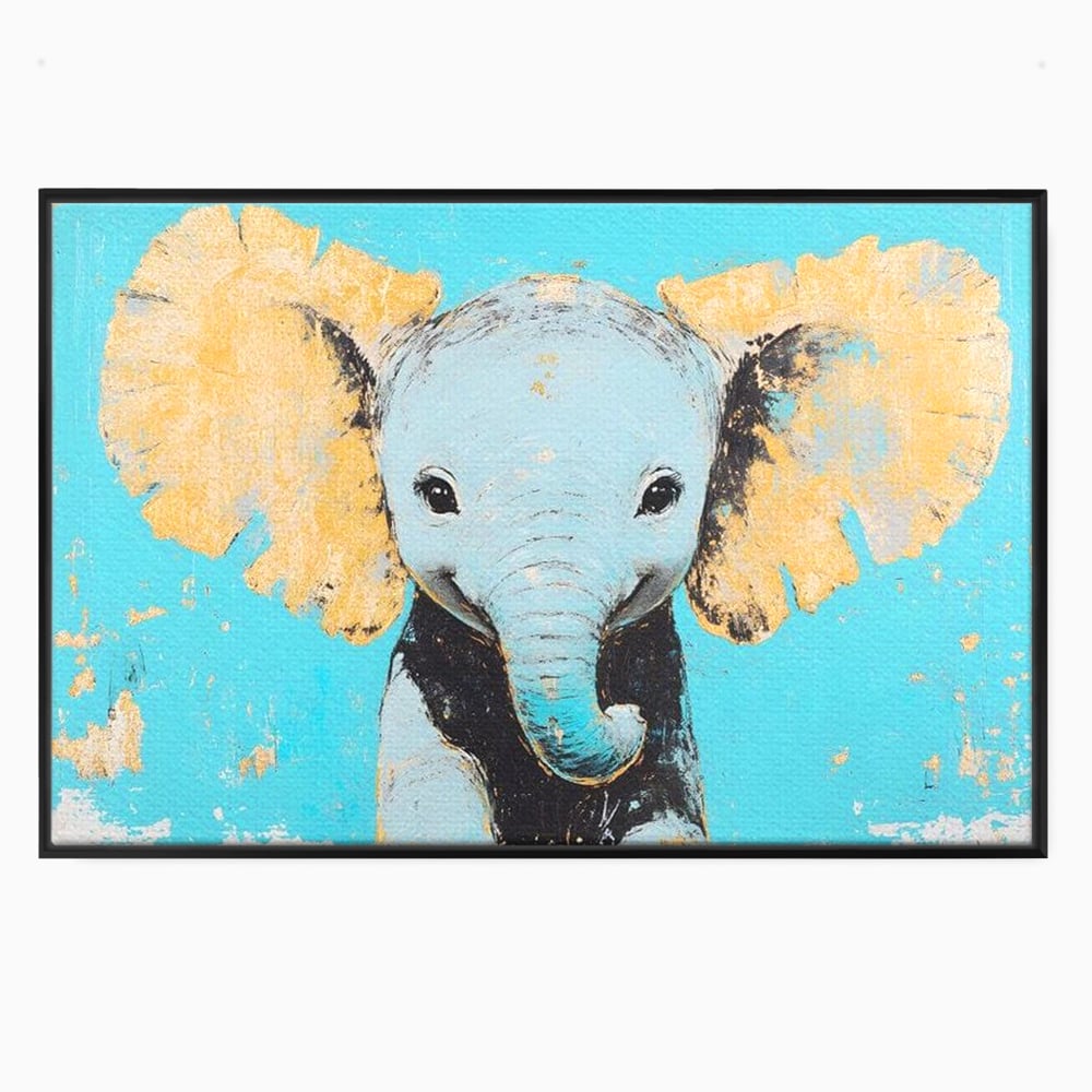 Leinwand Wandkunst Canvas Premium, LuxCanva® M1318, Pastell Freude, Elefant, Porträt, Gold, strukturiert, Vintage, niedlich, Trompete, Ohren, Glück, Lächeln, Unschuld, Büro, Wohnen, Kinderzimmer