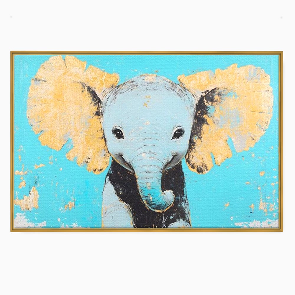 Leinwand Wandkunst Canvas Premium, LuxCanva® M1318, Pastell Freude, Elefant, Porträt, Gold, strukturiert, Vintage, niedlich, Trompete, Ohren, Glück, Lächeln, Unschuld, Büro, Wohnen, Kinderzimmer