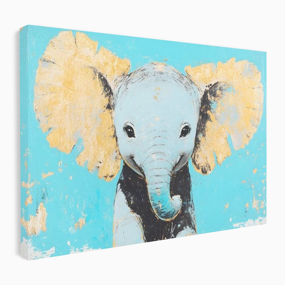 Leinwand Wandkunst Canvas Premium, LuxCanva® M1318, Pastell Freude, Elefant, Porträt, Gold, strukturiert, Vintage, niedlich, Trompete, Ohren, Glück, Lächeln, Unschuld, Büro, Wohnen, Kinderzimmer