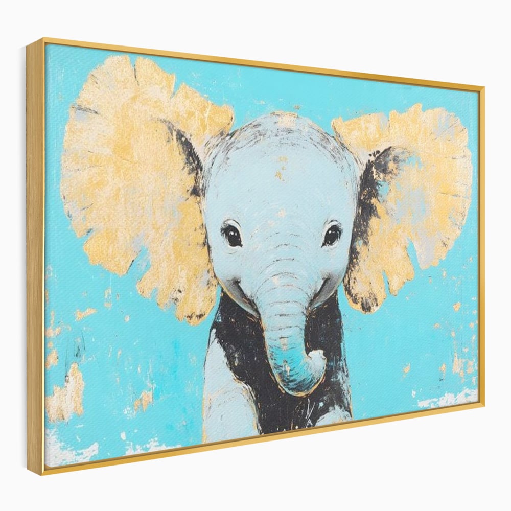 Leinwand Wandkunst Canvas Premium, LuxCanva® M1318, Pastell Freude, Elefant, Porträt, Gold, strukturiert, Vintage, niedlich, Trompete, Ohren, Glück, Lächeln, Unschuld, Büro, Wohnen, Kinderzimmer