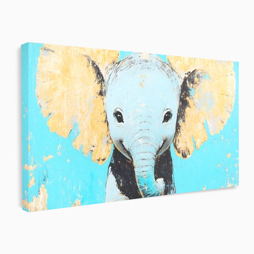 Leinwand Wandkunst Canvas Premium, LuxCanva® M1318, Pastell Freude, Elefant, Porträt, Gold, strukturiert, Vintage, niedlich, Trompete, Ohren, Glück, Lächeln, Unschuld, Büro, Wohnen, Kinderzimmer