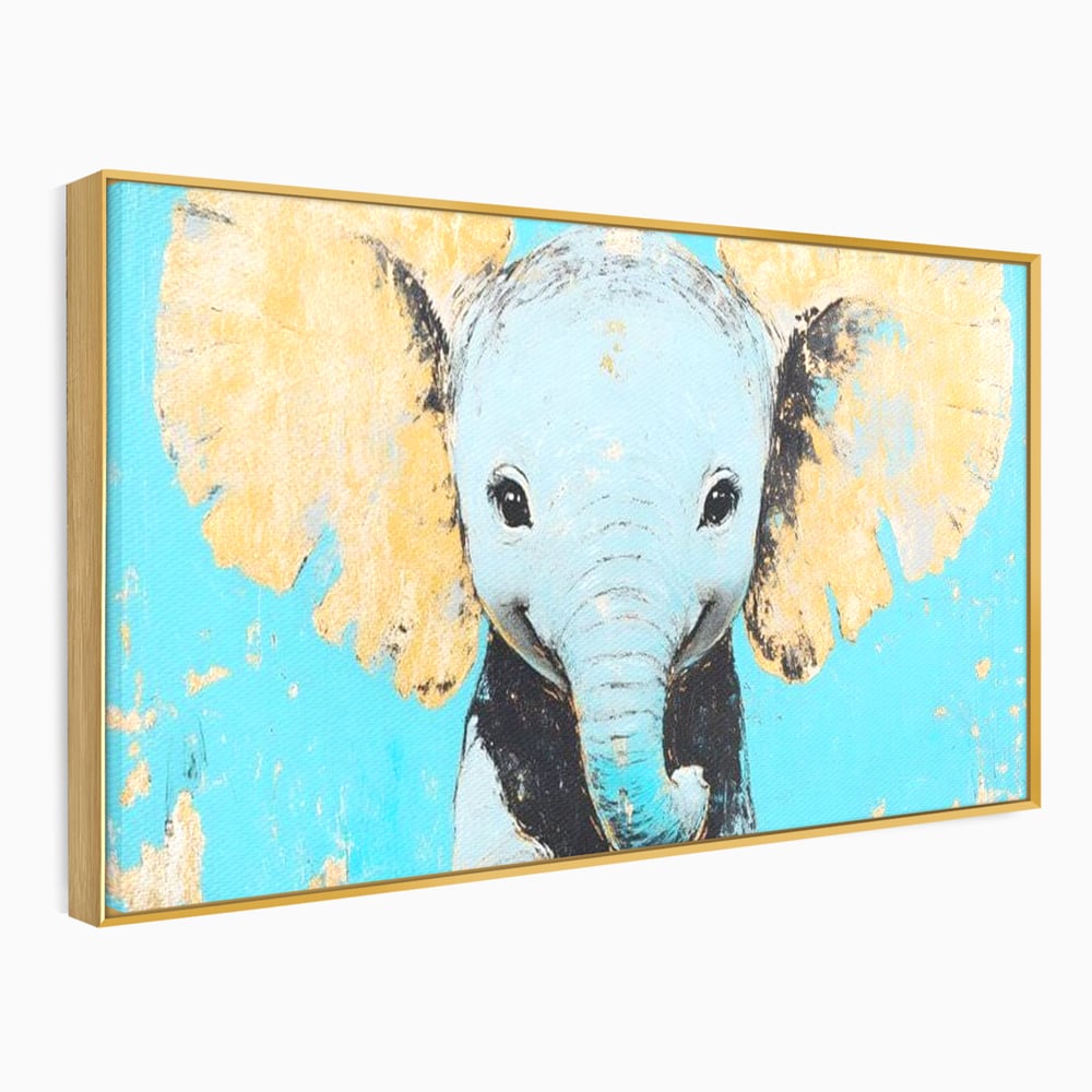 Leinwand Wandkunst Canvas Premium, LuxCanva® M1318, Pastell Freude, Elefant, Porträt, Gold, strukturiert, Vintage, niedlich, Trompete, Ohren, Glück, Lächeln, Unschuld, Büro, Wohnen, Kinderzimmer