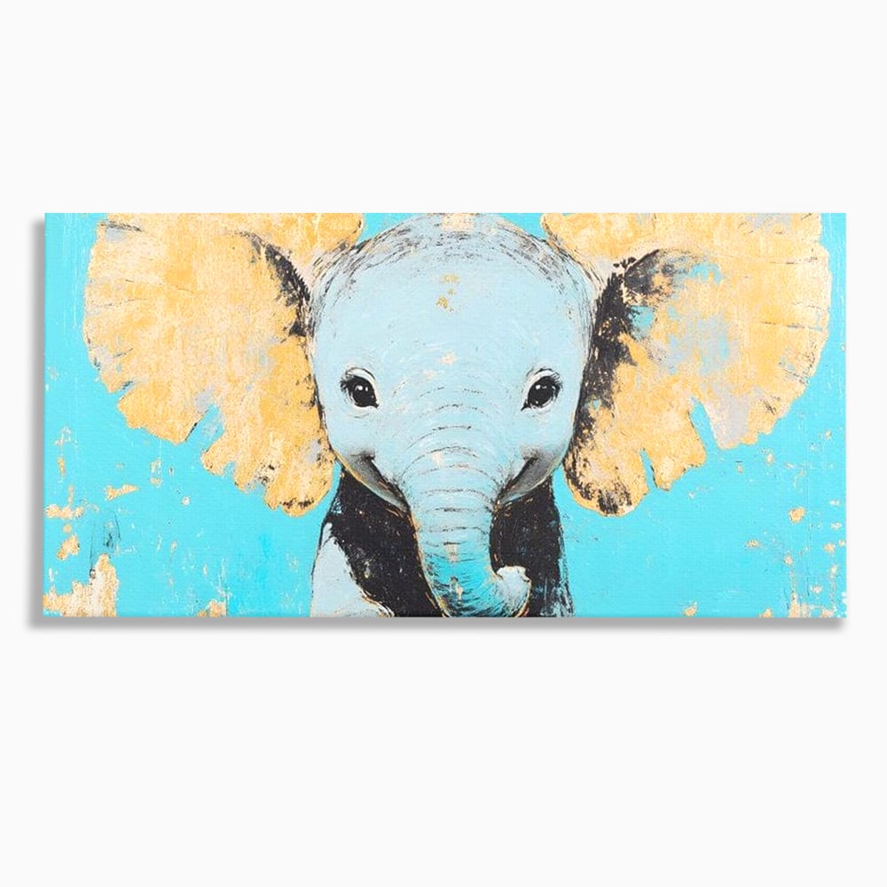 Leinwand Wandkunst Canvas Premium, LuxCanva® M1318, Pastell Freude, Elefant, Porträt, Gold, strukturiert, Vintage, niedlich, Trompete, Ohren, Glück, Lächeln, Unschuld, Büro, Wohnen, Kinderzimmer