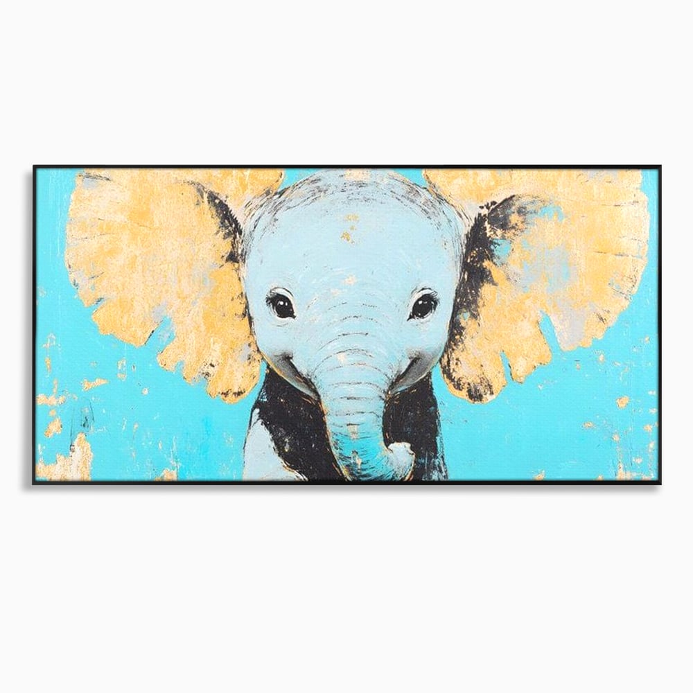 Leinwand Wandkunst Canvas Premium, LuxCanva® M1318, Pastell Freude, Elefant, Porträt, Gold, strukturiert, Vintage, niedlich, Trompete, Ohren, Glück, Lächeln, Unschuld, Büro, Wohnen, Kinderzimmer