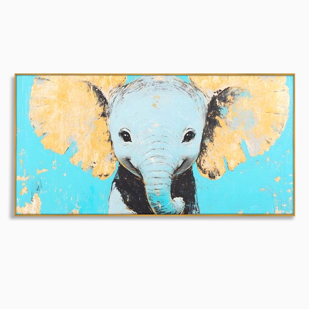 Leinwand Wandkunst Canvas Premium, LuxCanva® M1318, Pastell Freude, Elefant, Porträt, Gold, strukturiert, Vintage, niedlich, Trompete, Ohren, Glück, Lächeln, Unschuld, Büro, Wohnen, Kinderzimmer