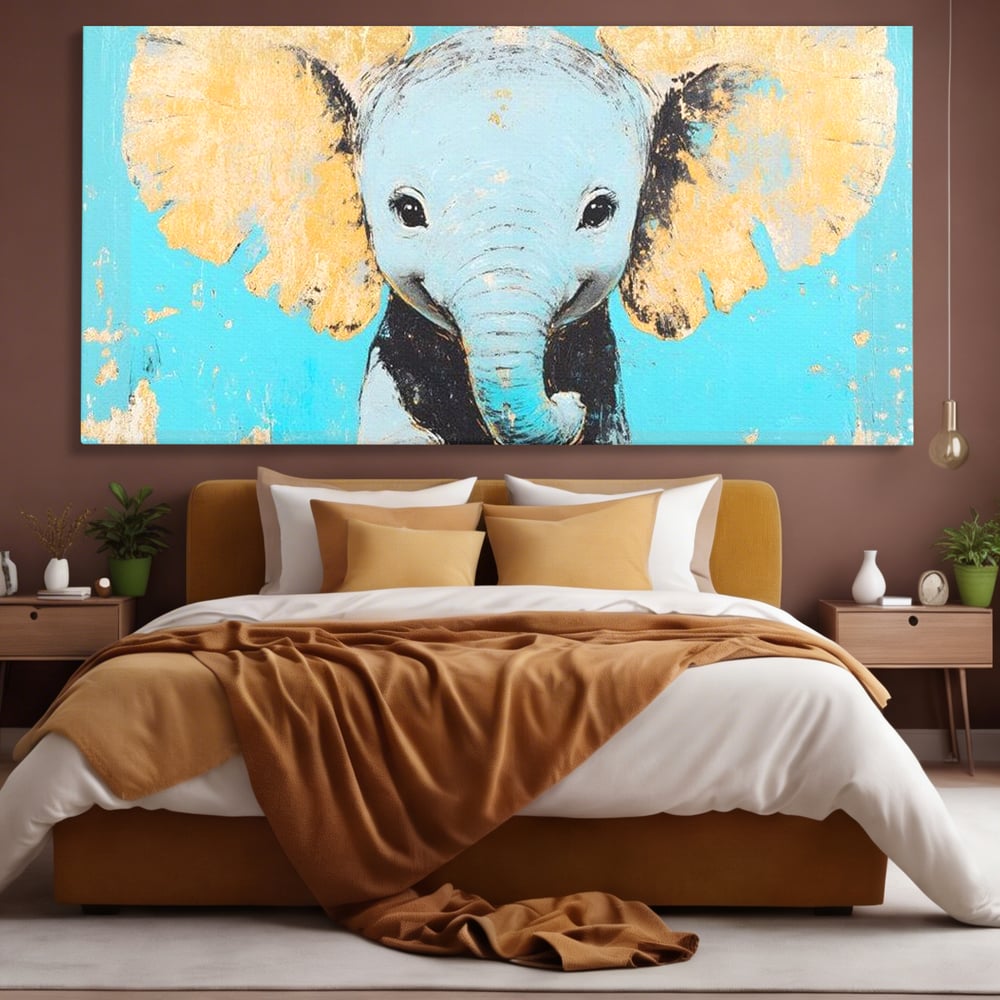 Leinwand Wandkunst Canvas Premium, LuxCanva® M1318, Pastell Freude, Elefant, Porträt, Gold, strukturiert, Vintage, niedlich, Trompete, Ohren, Glück, Lächeln, Unschuld, Büro, Wohnen, Kinderzimmer