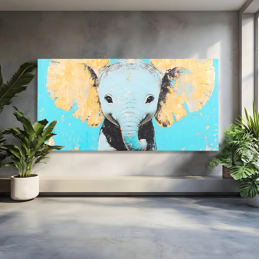 Leinwand Wandkunst Canvas Premium, LuxCanva® M1318, Pastell Freude, Elefant, Porträt, Gold, strukturiert, Vintage, niedlich, Trompete, Ohren, Glück, Lächeln, Unschuld, Büro, Wohnen, Kinderzimmer