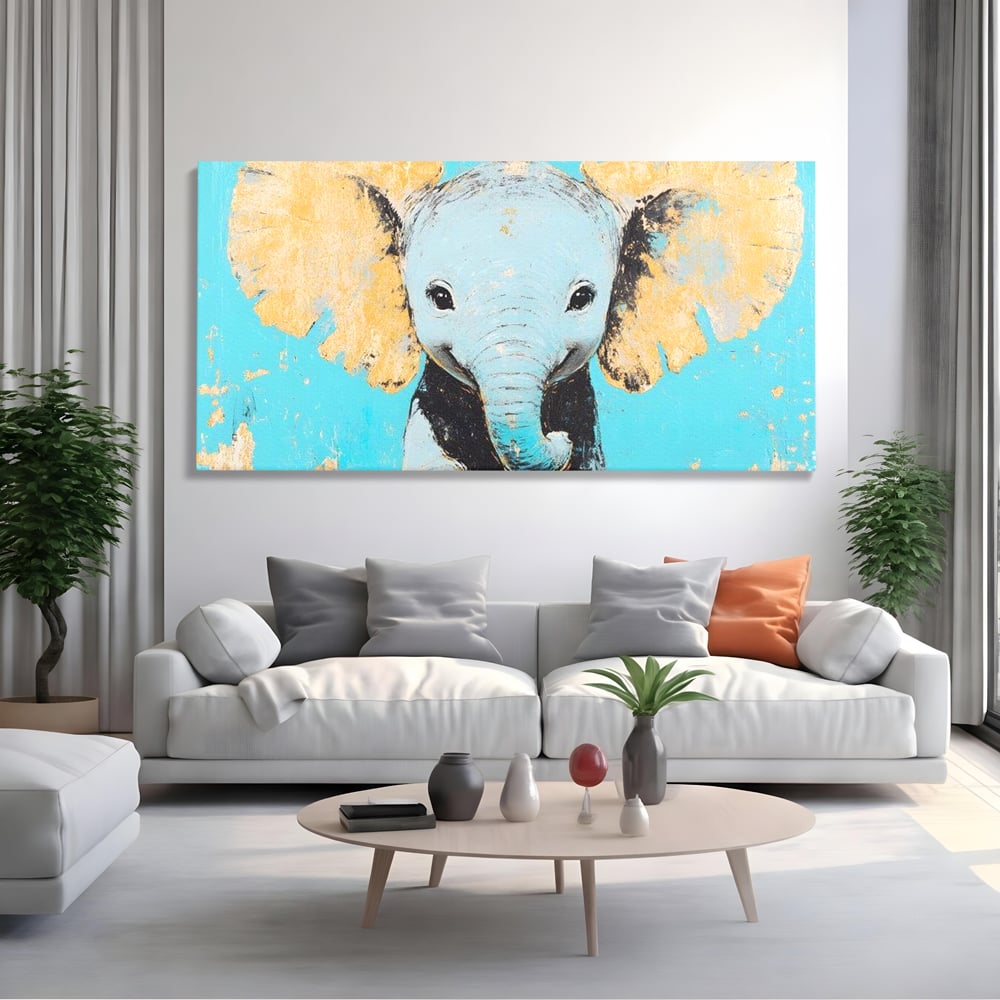 Leinwand Wandkunst Canvas Premium, LuxCanva® M1318, Pastell Freude, Elefant, Porträt, Gold, strukturiert, Vintage, niedlich, Trompete, Ohren, Glück, Lächeln, Unschuld, Büro, Wohnen, Kinderzimmer