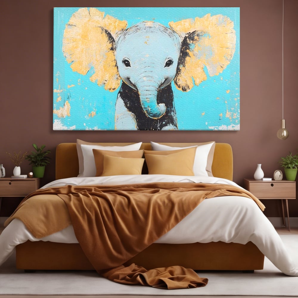 Leinwand Wandkunst Canvas Premium, LuxCanva® M1318, Pastell Freude, Elefant, Porträt, Gold, strukturiert, Vintage, niedlich, Trompete, Ohren, Glück, Lächeln, Unschuld, Büro, Wohnen, Kinderzimmer