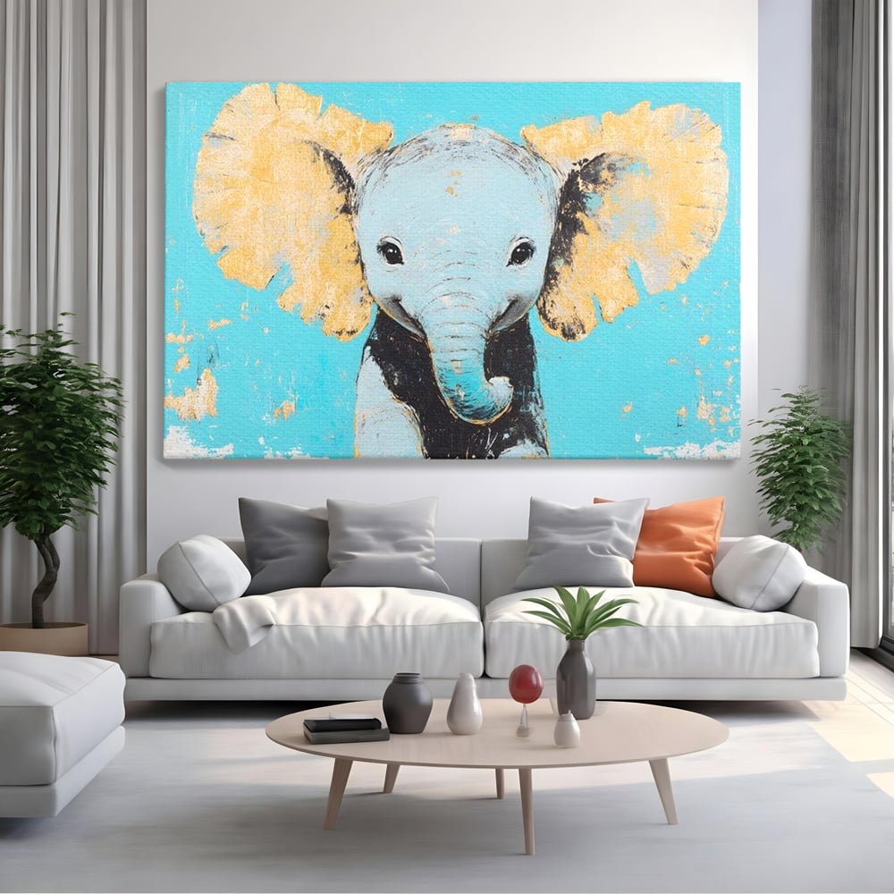 Leinwand Wandkunst Canvas Premium, LuxCanva® M1318, Pastell Freude, Elefant, Porträt, Gold, strukturiert, Vintage, niedlich, Trompete, Ohren, Glück, Lächeln, Unschuld, Büro, Wohnen, Kinderzimmer