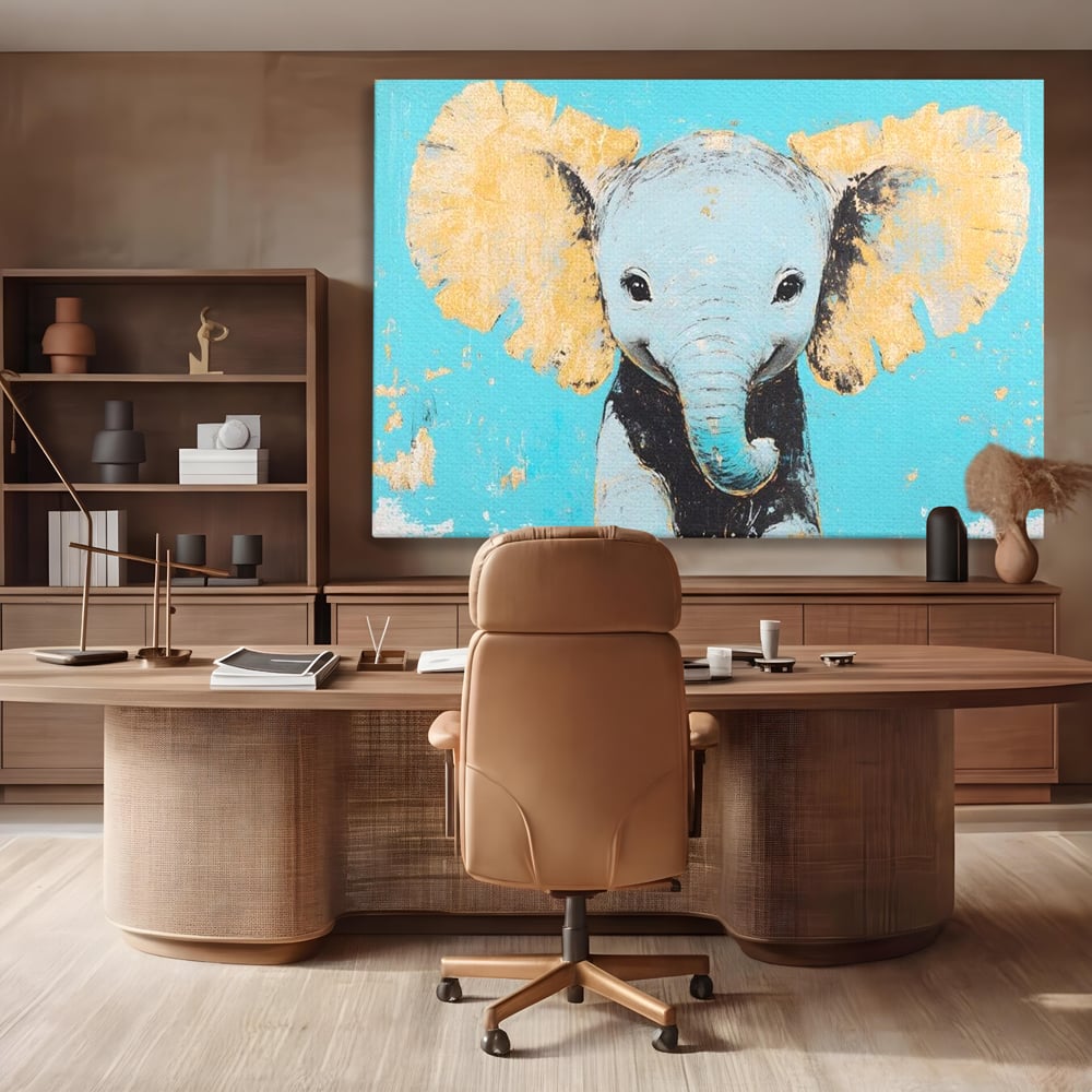 Leinwand Wandkunst Canvas Premium, LuxCanva® M1318, Pastell Freude, Elefant, Porträt, Gold, strukturiert, Vintage, niedlich, Trompete, Ohren, Glück, Lächeln, Unschuld, Büro, Wohnen, Kinderzimmer