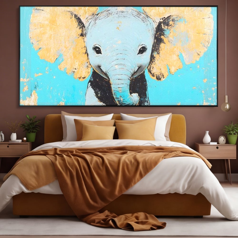 Leinwand Wandkunst Canvas Premium, LuxCanva® M1318, Pastell Freude, Elefant, Porträt, Gold, strukturiert, Vintage, niedlich, Trompete, Ohren, Glück, Lächeln, Unschuld, Büro, Wohnen, Kinderzimmer