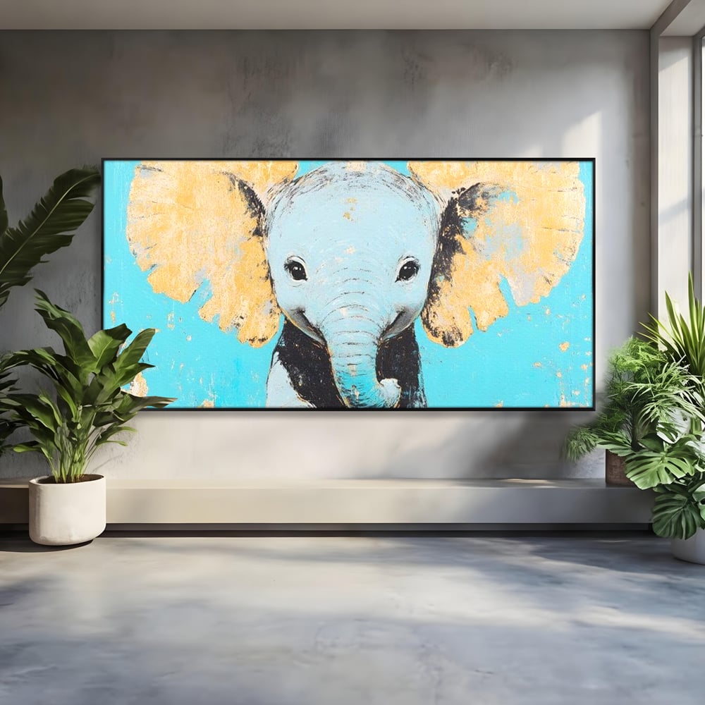 Leinwand Wandkunst Canvas Premium, LuxCanva® M1318, Pastell Freude, Elefant, Porträt, Gold, strukturiert, Vintage, niedlich, Trompete, Ohren, Glück, Lächeln, Unschuld, Büro, Wohnen, Kinderzimmer