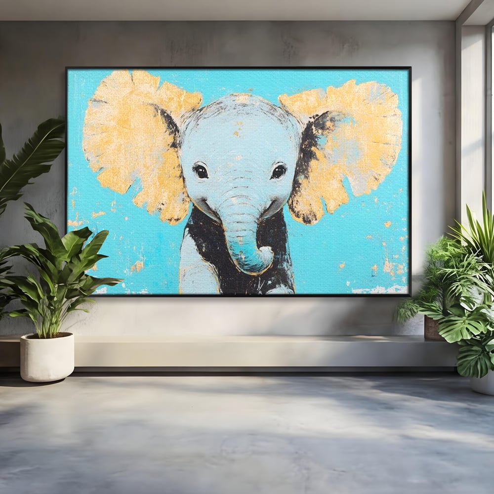 Leinwand Wandkunst Canvas Premium, LuxCanva® M1318, Pastell Freude, Elefant, Porträt, Gold, strukturiert, Vintage, niedlich, Trompete, Ohren, Glück, Lächeln, Unschuld, Büro, Wohnen, Kinderzimmer