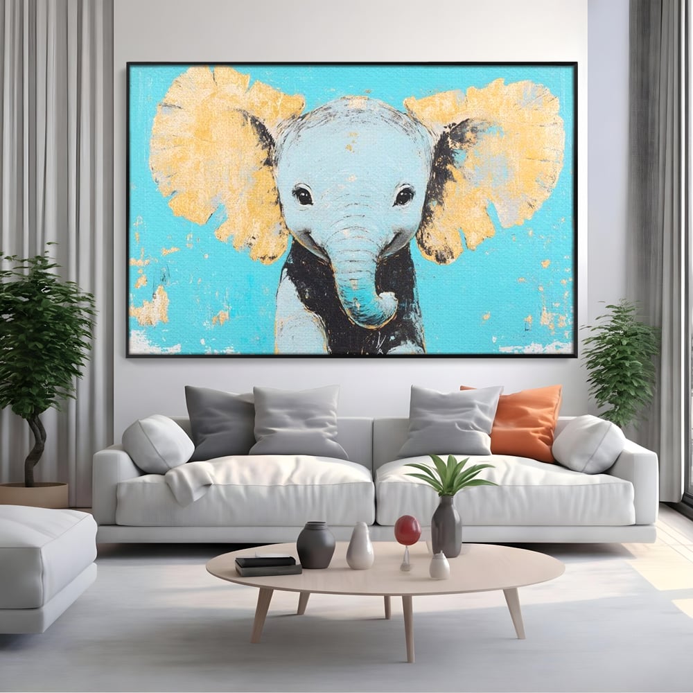 Leinwand Wandkunst Canvas Premium, LuxCanva® M1318, Pastell Freude, Elefant, Porträt, Gold, strukturiert, Vintage, niedlich, Trompete, Ohren, Glück, Lächeln, Unschuld, Büro, Wohnen, Kinderzimmer