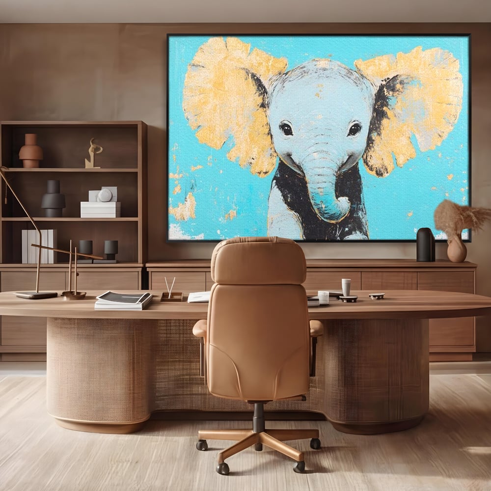 Leinwand Wandkunst Canvas Premium, LuxCanva® M1318, Pastell Freude, Elefant, Porträt, Gold, strukturiert, Vintage, niedlich, Trompete, Ohren, Glück, Lächeln, Unschuld, Büro, Wohnen, Kinderzimmer