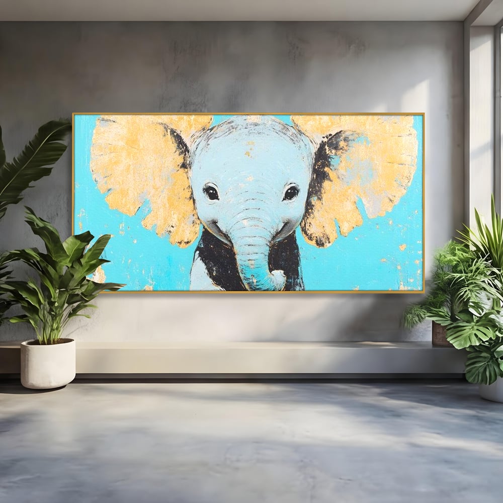 Leinwand Wandkunst Canvas Premium, LuxCanva® M1318, Pastell Freude, Elefant, Porträt, Gold, strukturiert, Vintage, niedlich, Trompete, Ohren, Glück, Lächeln, Unschuld, Büro, Wohnen, Kinderzimmer