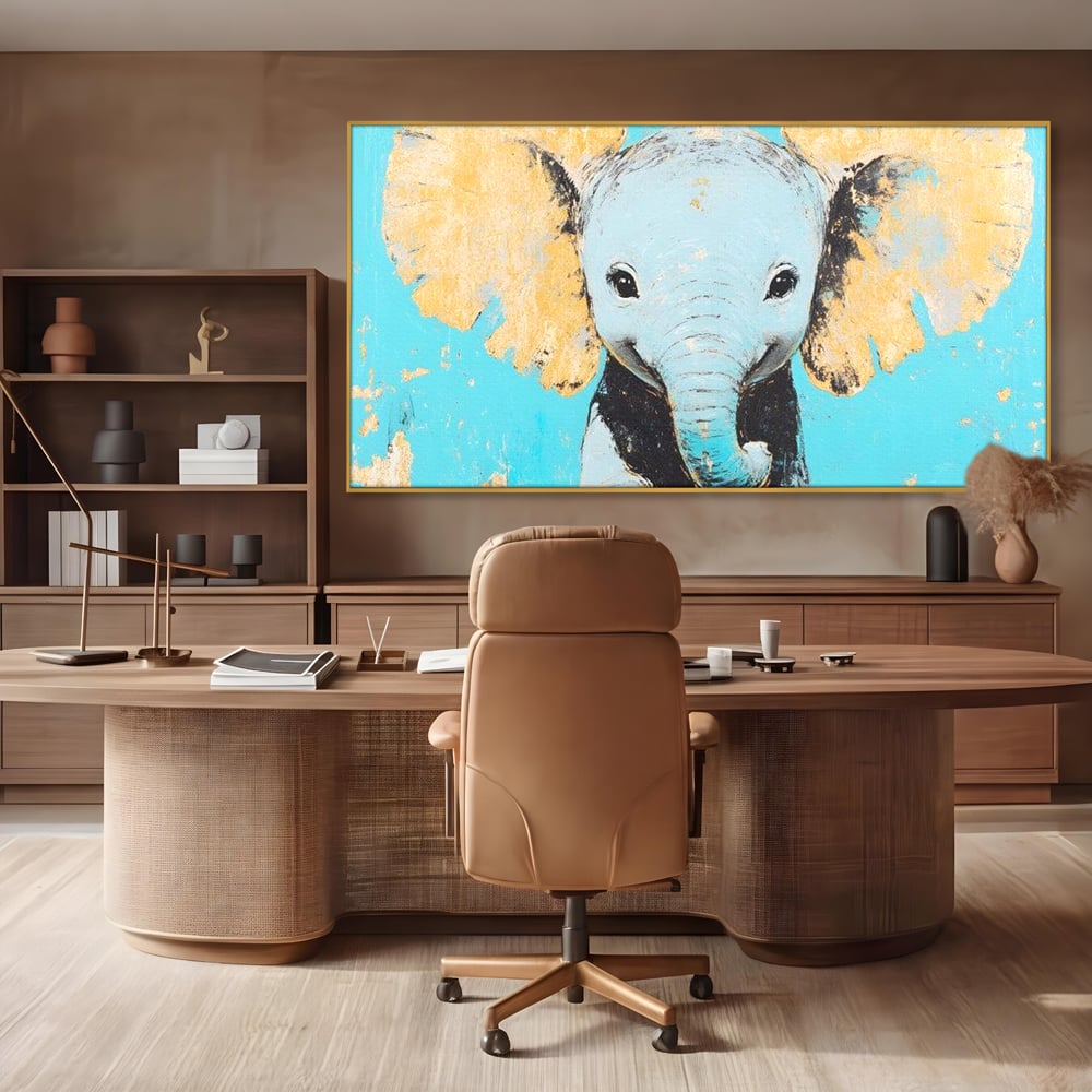 Leinwand Wandkunst Canvas Premium, LuxCanva® M1318, Pastell Freude, Elefant, Porträt, Gold, strukturiert, Vintage, niedlich, Trompete, Ohren, Glück, Lächeln, Unschuld, Büro, Wohnen, Kinderzimmer