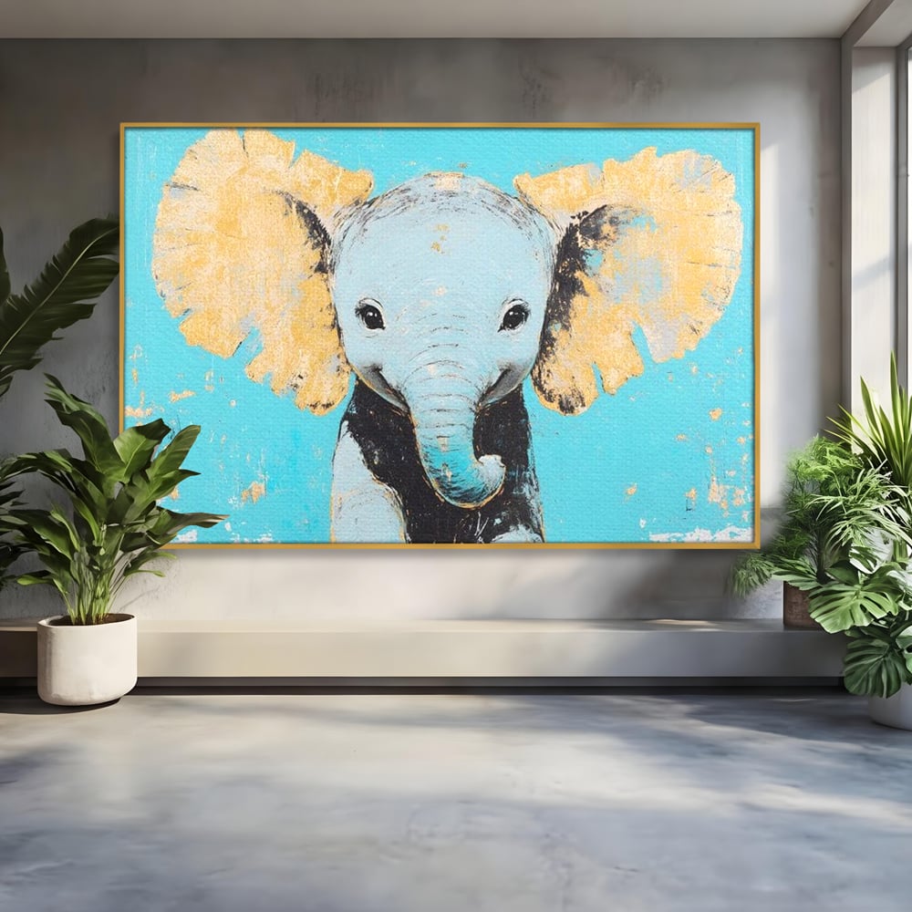 Leinwand Wandkunst Canvas Premium, LuxCanva® M1318, Pastell Freude, Elefant, Porträt, Gold, strukturiert, Vintage, niedlich, Trompete, Ohren, Glück, Lächeln, Unschuld, Büro, Wohnen, Kinderzimmer