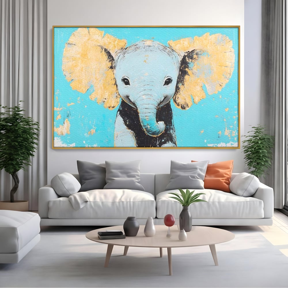 Leinwand Wandkunst Canvas Premium, LuxCanva® M1318, Pastell Freude, Elefant, Porträt, Gold, strukturiert, Vintage, niedlich, Trompete, Ohren, Glück, Lächeln, Unschuld, Büro, Wohnen, Kinderzimmer