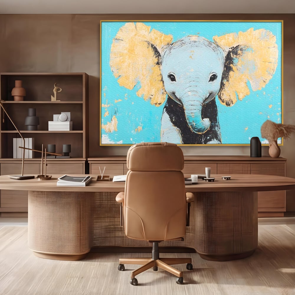 Leinwand Wandkunst Canvas Premium, LuxCanva® M1318, Pastell Freude, Elefant, Porträt, Gold, strukturiert, Vintage, niedlich, Trompete, Ohren, Glück, Lächeln, Unschuld, Büro, Wohnen, Kinderzimmer