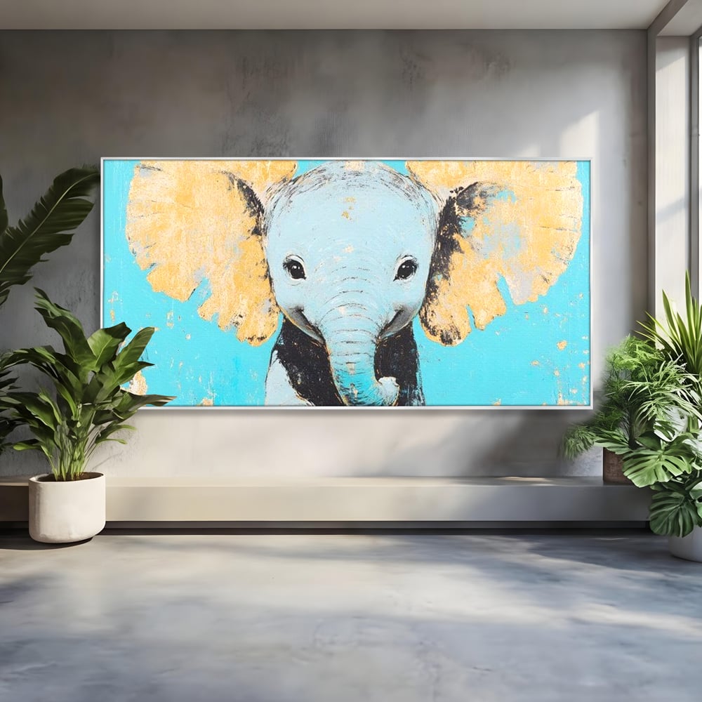 Leinwand Wandkunst Canvas Premium, LuxCanva® M1318, Pastell Freude, Elefant, Porträt, Gold, strukturiert, Vintage, niedlich, Trompete, Ohren, Glück, Lächeln, Unschuld, Büro, Wohnen, Kinderzimmer