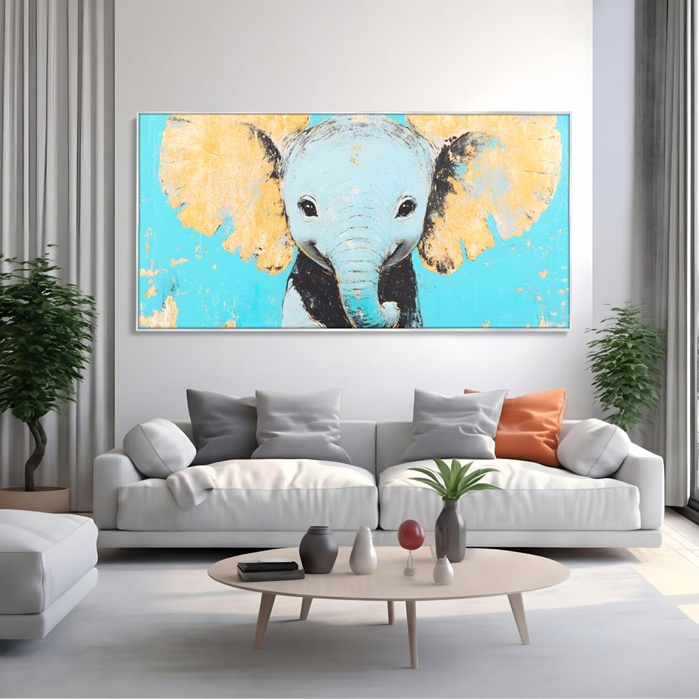 Leinwand Wandkunst Canvas Premium, LuxCanva® M1318, Pastell Freude, Elefant, Porträt, Gold, strukturiert, Vintage, niedlich, Trompete, Ohren, Glück, Lächeln, Unschuld, Büro, Wohnen, Kinderzimmer
