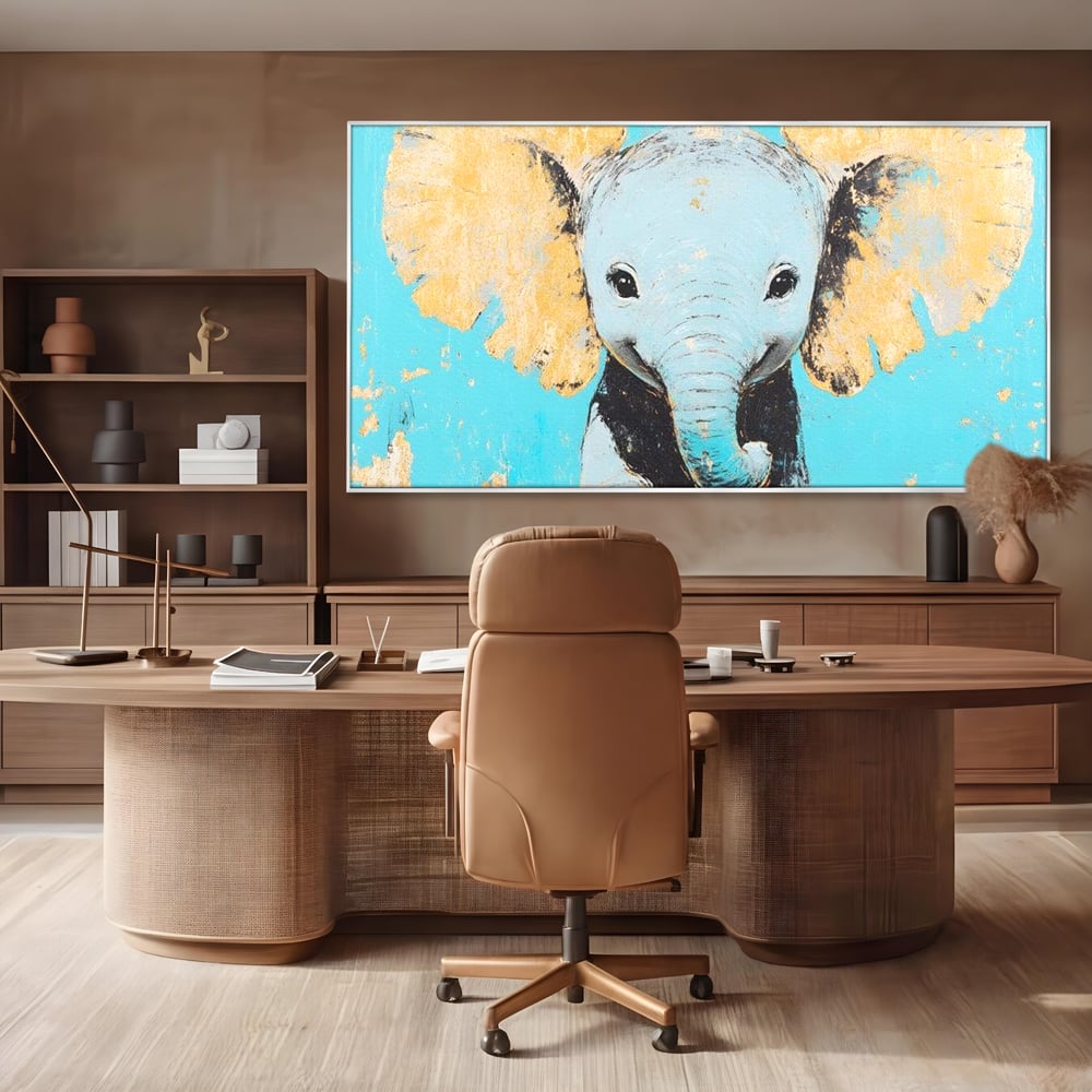 Leinwand Wandkunst Canvas Premium, LuxCanva® M1318, Pastell Freude, Elefant, Porträt, Gold, strukturiert, Vintage, niedlich, Trompete, Ohren, Glück, Lächeln, Unschuld, Büro, Wohnen, Kinderzimmer