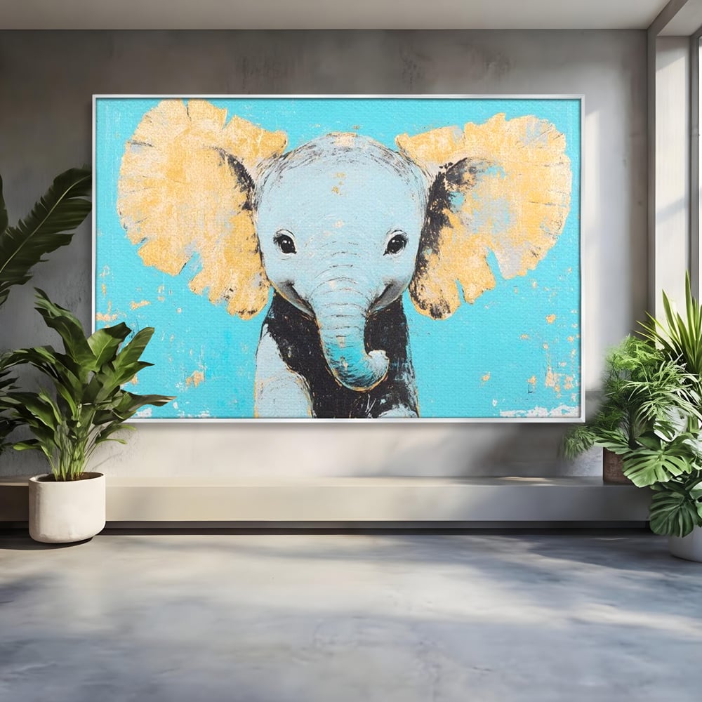 Leinwand Wandkunst Canvas Premium, LuxCanva® M1318, Pastell Freude, Elefant, Porträt, Gold, strukturiert, Vintage, niedlich, Trompete, Ohren, Glück, Lächeln, Unschuld, Büro, Wohnen, Kinderzimmer