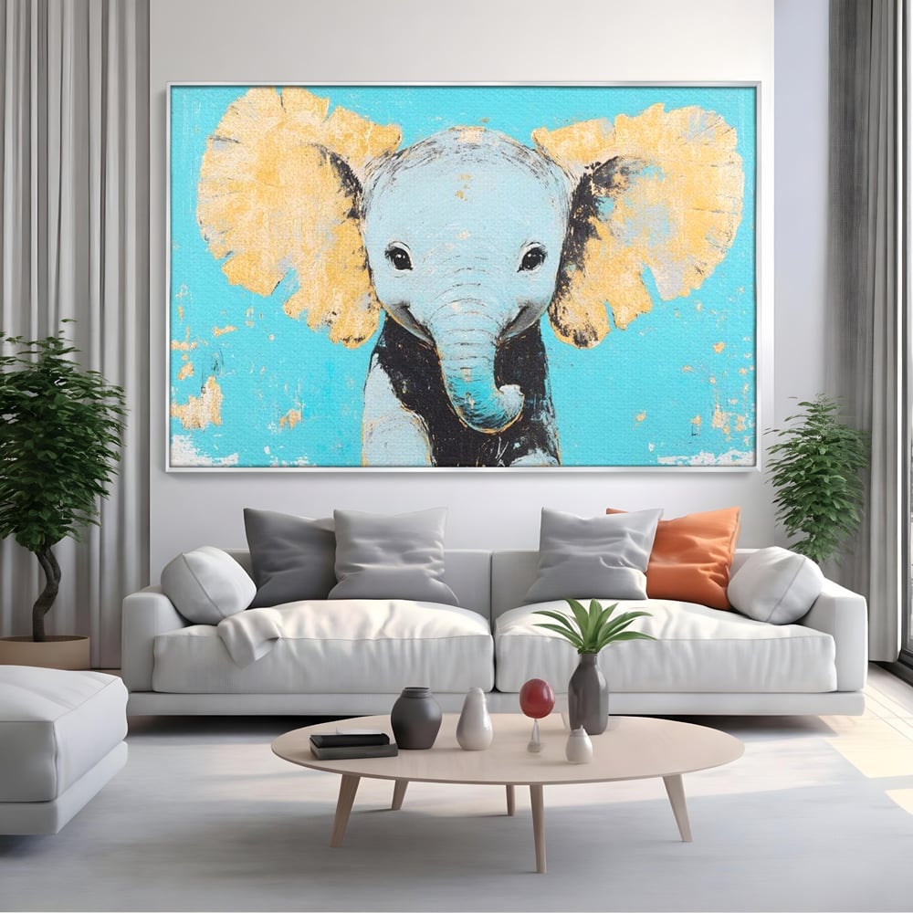 Leinwand Wandkunst Canvas Premium, LuxCanva® M1318, Pastell Freude, Elefant, Porträt, Gold, strukturiert, Vintage, niedlich, Trompete, Ohren, Glück, Lächeln, Unschuld, Büro, Wohnen, Kinderzimmer