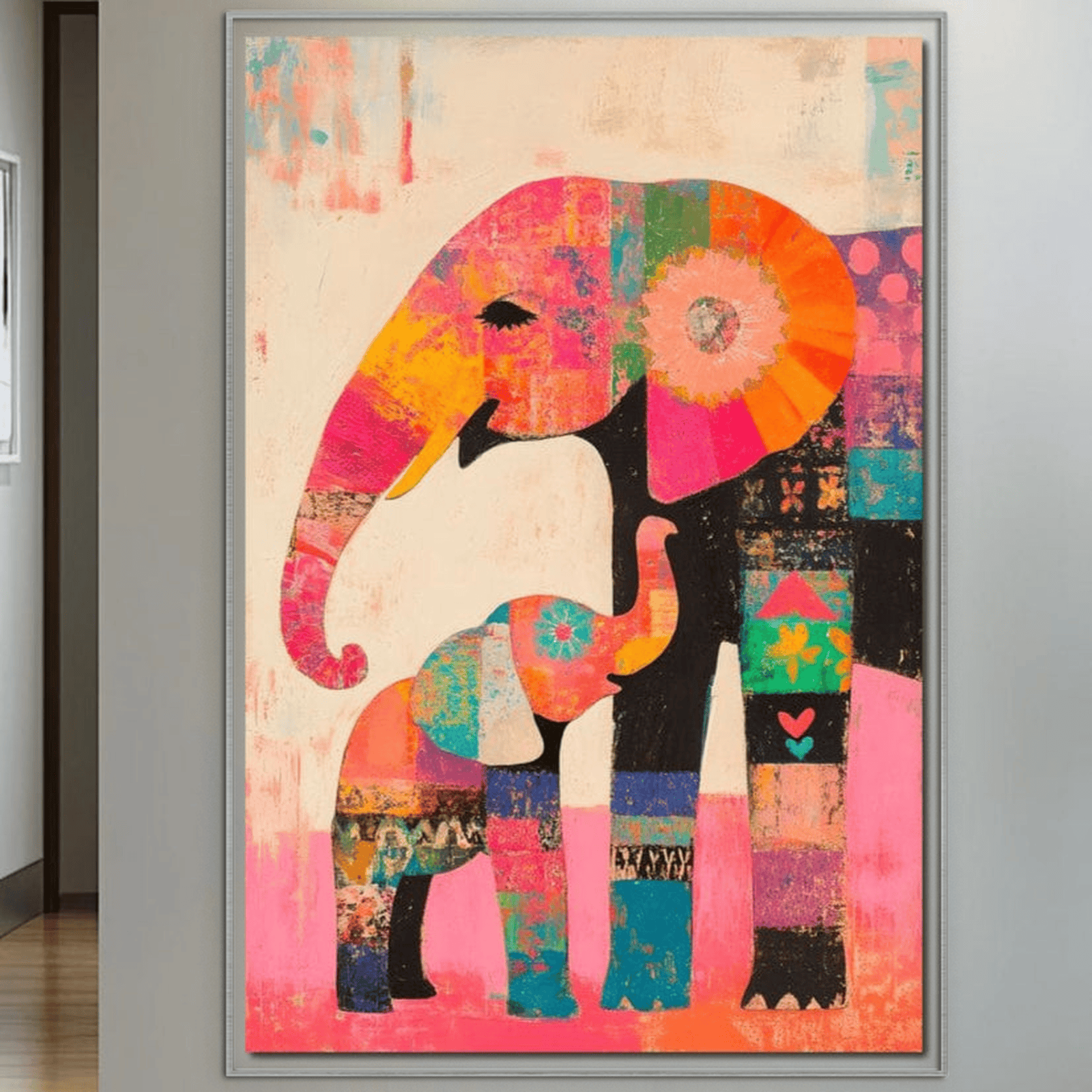 Tablou Canvas Premium, LuxCanva® M1319, Pe Urmele Mamei, Familie, Mama, Pui, Elefant, Arta Abstracta, Mozaic, Dragoste, Copilarie, Multicolor, Legatura, Birou, Living, Camera Copil