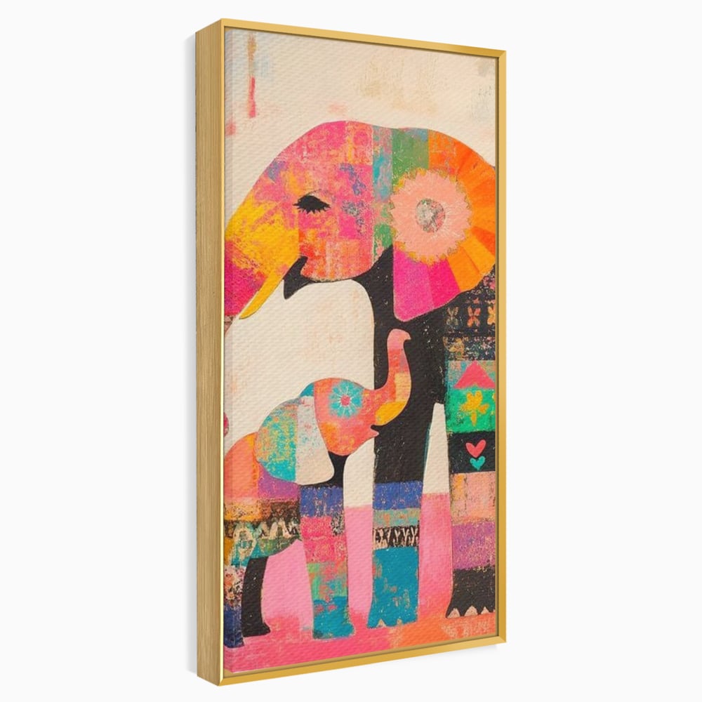Tablou Canvas Premium, LuxCanva® M1319, Pe Urmele Mamei, Familie, Mama, Pui, Elefant, Arta Abstracta, Mozaic, Dragoste, Copilarie, Multicolor, Legatura, Birou, Living, Camera Copil