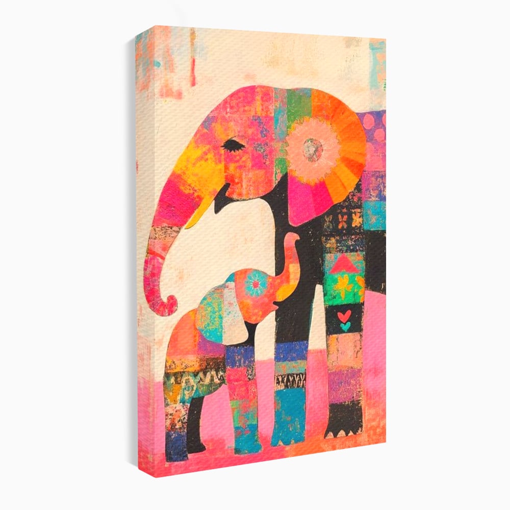 Tablou Canvas Premium, LuxCanva® M1319, Pe Urmele Mamei, Familie, Mama, Pui, Elefant, Arta Abstracta, Mozaic, Dragoste, Copilarie, Multicolor, Legatura, Birou, Living, Camera Copil