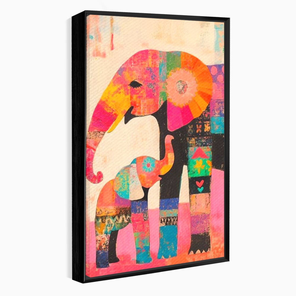 Tablou Canvas Premium, LuxCanva® M1319, Pe Urmele Mamei, Familie, Mama, Pui, Elefant, Arta Abstracta, Mozaic, Dragoste, Copilarie, Multicolor, Legatura, Birou, Living, Camera Copil