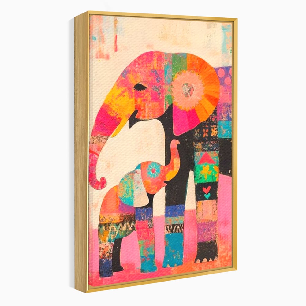 Tablou Canvas Premium, LuxCanva® M1319, Pe Urmele Mamei, Familie, Mama, Pui, Elefant, Arta Abstracta, Mozaic, Dragoste, Copilarie, Multicolor, Legatura, Birou, Living, Camera Copil