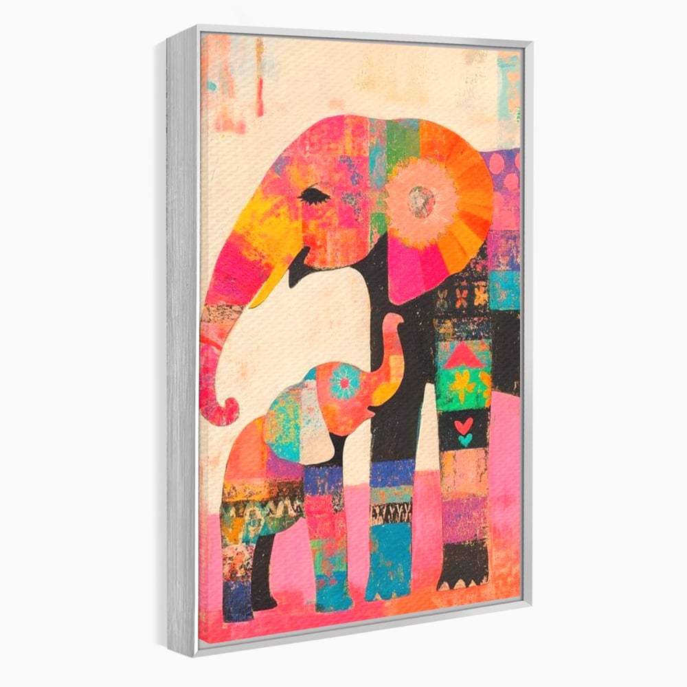 Tablou Canvas Premium, LuxCanva® M1319, Pe Urmele Mamei, Familie, Mama, Pui, Elefant, Arta Abstracta, Mozaic, Dragoste, Copilarie, Multicolor, Legatura, Birou, Living, Camera Copil