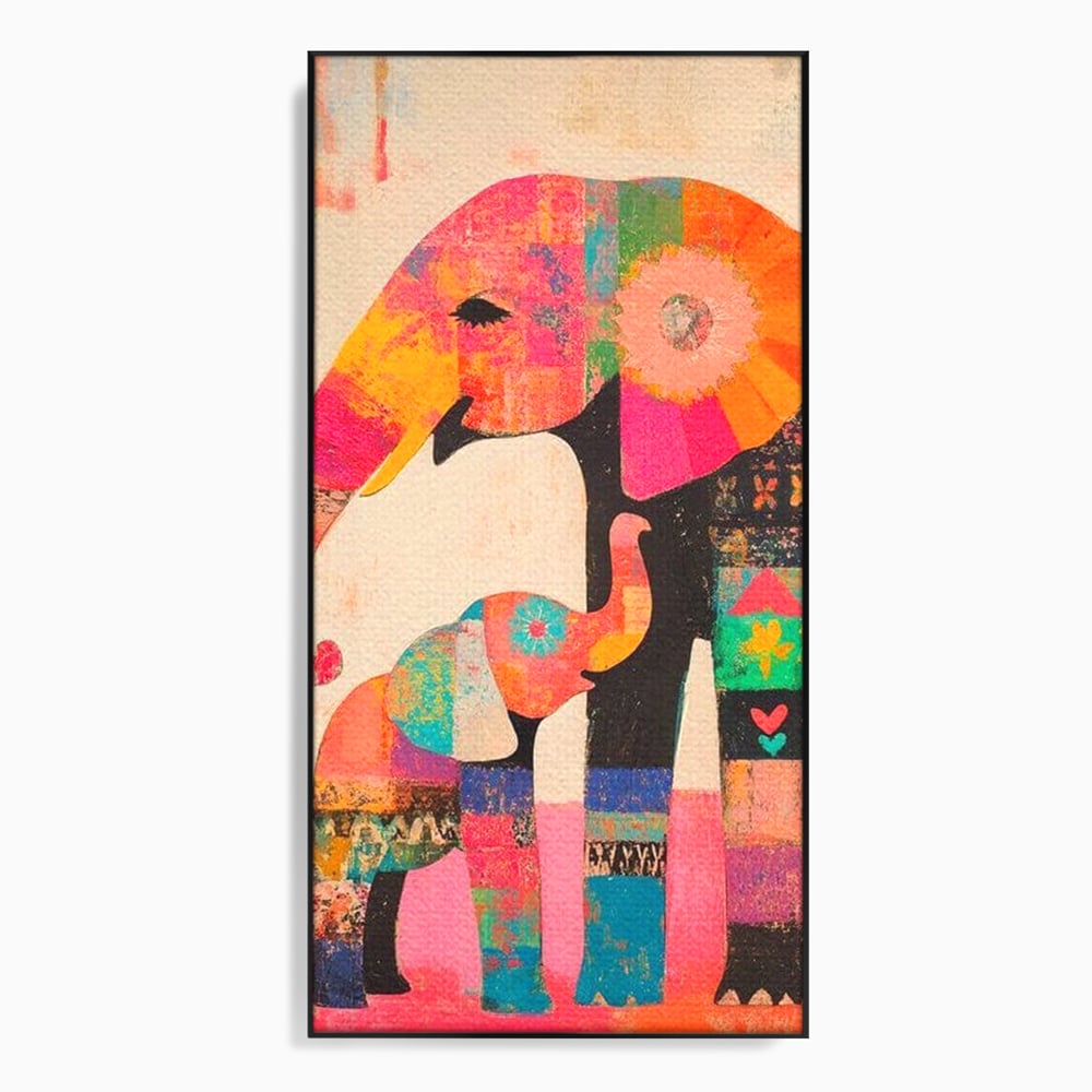 Tablou Canvas Premium, LuxCanva® M1319, Pe Urmele Mamei, Familie, Mama, Pui, Elefant, Arta Abstracta, Mozaic, Dragoste, Copilarie, Multicolor, Legatura, Birou, Living, Camera Copil