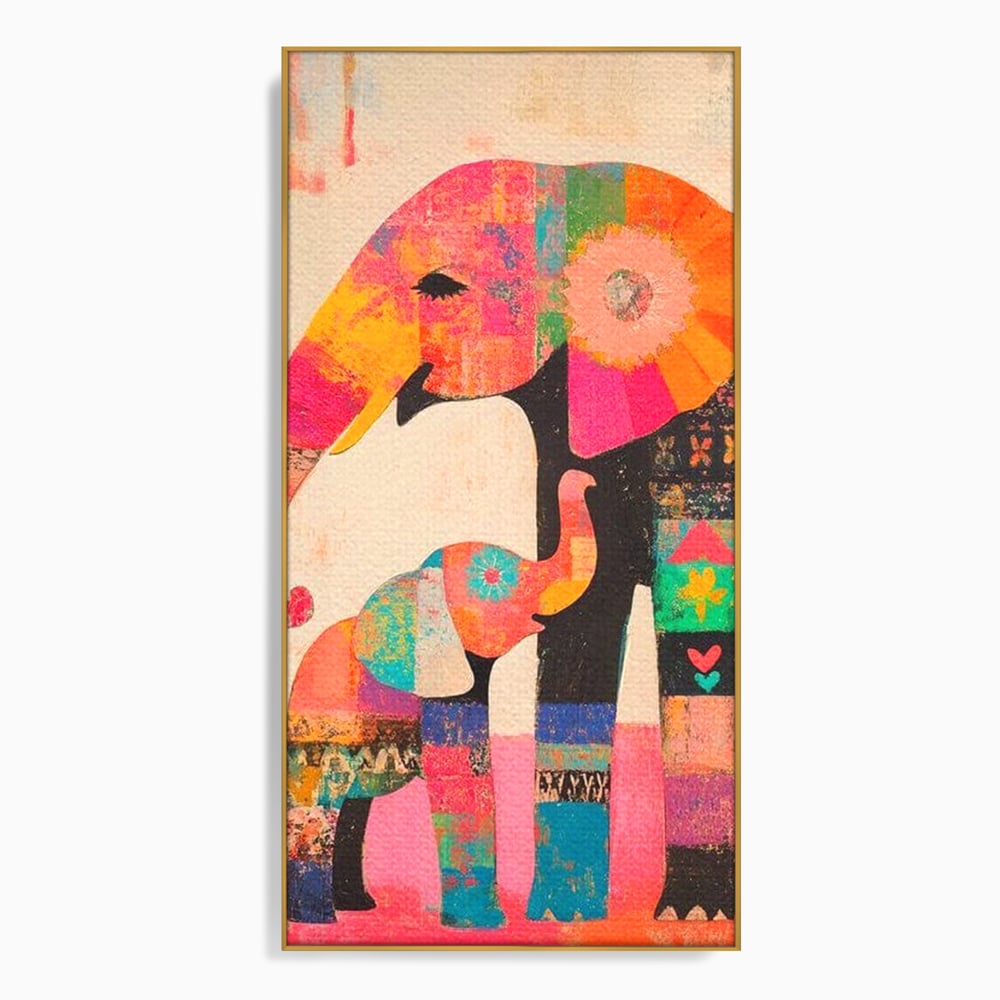 Tablou Canvas Premium, LuxCanva® M1319, Pe Urmele Mamei, Familie, Mama, Pui, Elefant, Arta Abstracta, Mozaic, Dragoste, Copilarie, Multicolor, Legatura, Birou, Living, Camera Copil
