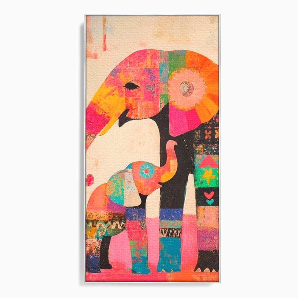 Tablou Canvas Premium, LuxCanva® M1319, Pe Urmele Mamei, Familie, Mama, Pui, Elefant, Arta Abstracta, Mozaic, Dragoste, Copilarie, Multicolor, Legatura, Birou, Living, Camera Copil
