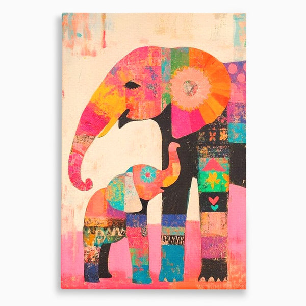 Tablou Canvas Premium, LuxCanva® M1319, Pe Urmele Mamei, Familie, Mama, Pui, Elefant, Arta Abstracta, Mozaic, Dragoste, Copilarie, Multicolor, Legatura, Birou, Living, Camera Copil