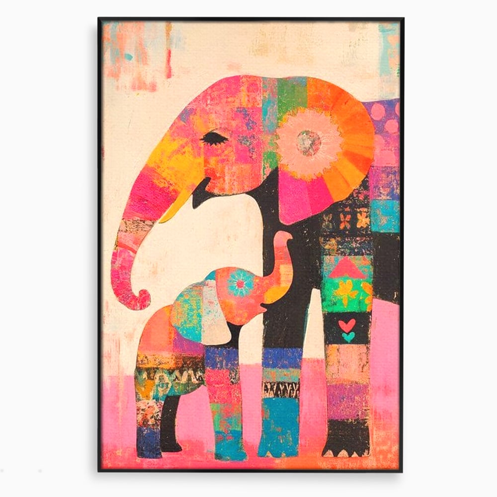 Tablou Canvas Premium, LuxCanva® M1319, Pe Urmele Mamei, Familie, Mama, Pui, Elefant, Arta Abstracta, Mozaic, Dragoste, Copilarie, Multicolor, Legatura, Birou, Living, Camera Copil