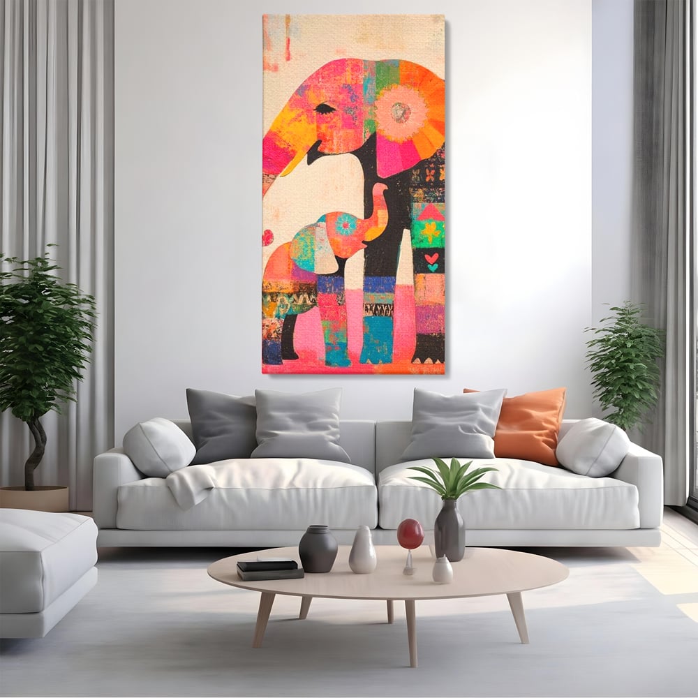 Tablou Canvas Premium, LuxCanva® M1319, Pe Urmele Mamei, Familie, Mama, Pui, Elefant, Arta Abstracta, Mozaic, Dragoste, Copilarie, Multicolor, Legatura, Birou, Living, Camera Copil