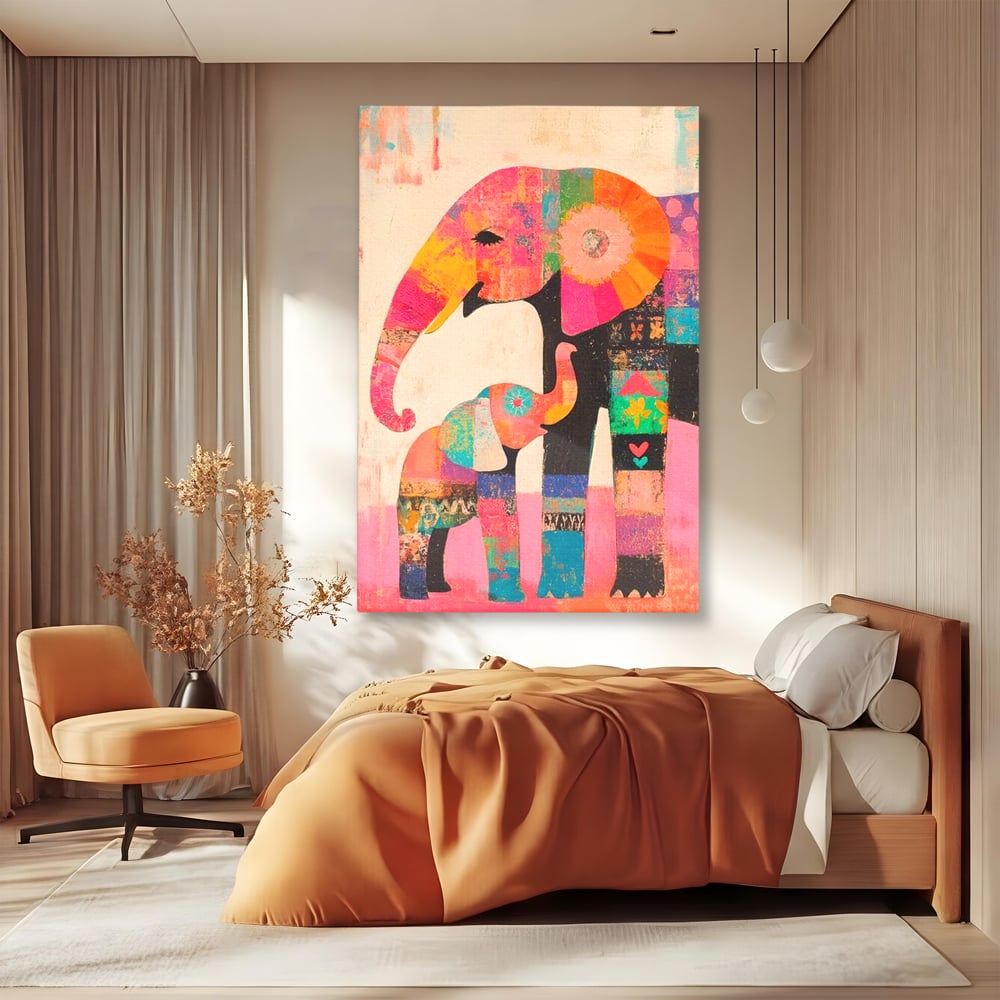 Tablou Canvas Premium, LuxCanva® M1319, Pe Urmele Mamei, Familie, Mama, Pui, Elefant, Arta Abstracta, Mozaic, Dragoste, Copilarie, Multicolor, Legatura, Birou, Living, Camera Copil
