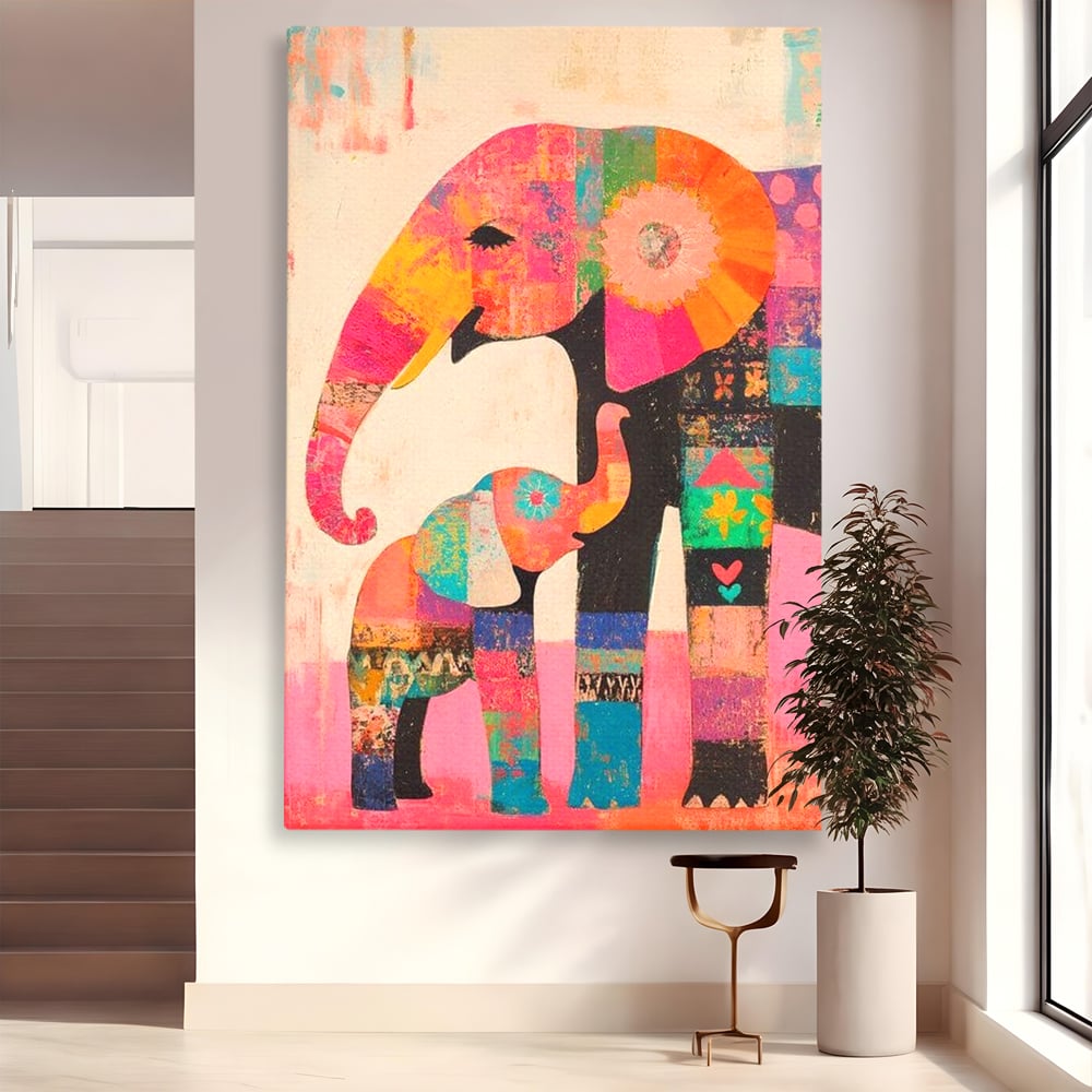 Tablou Canvas Premium, LuxCanva® M1319, Pe Urmele Mamei, Familie, Mama, Pui, Elefant, Arta Abstracta, Mozaic, Dragoste, Copilarie, Multicolor, Legatura, Birou, Living, Camera Copil