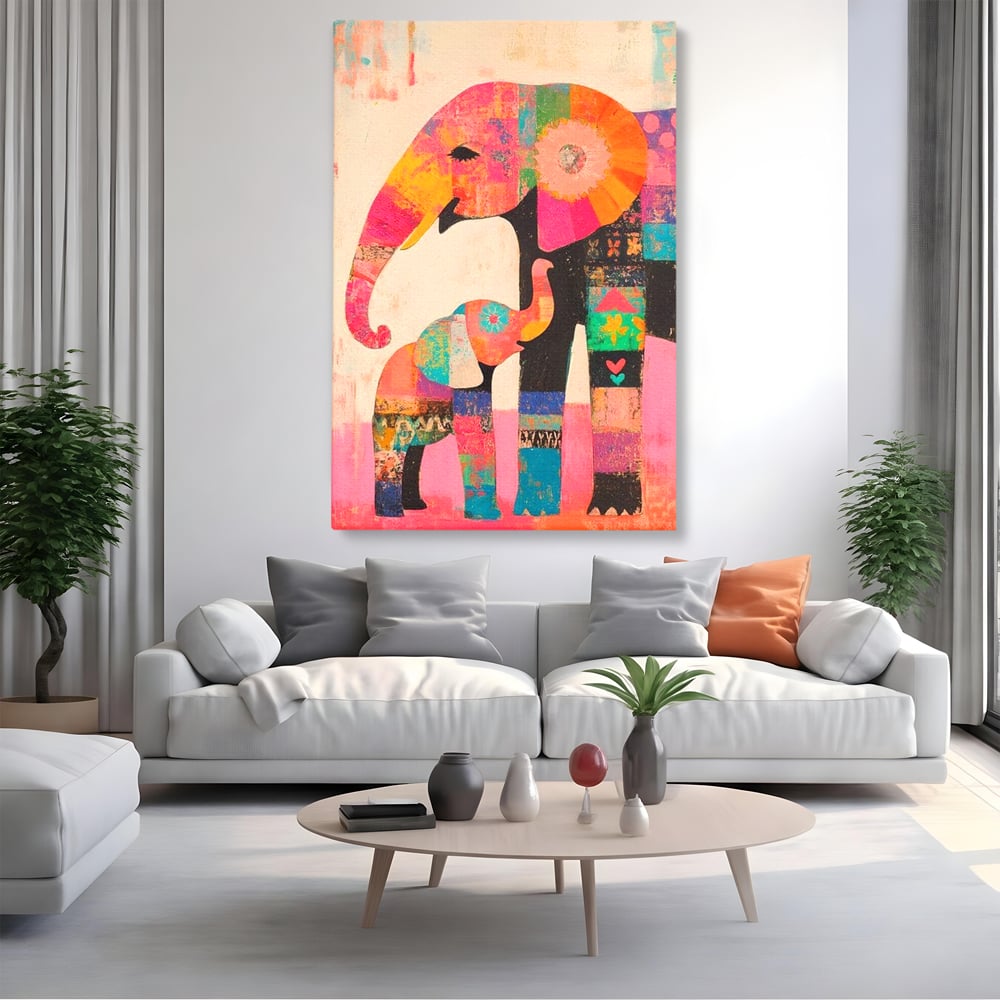 Tablou Canvas Premium, LuxCanva® M1319, Pe Urmele Mamei, Familie, Mama, Pui, Elefant, Arta Abstracta, Mozaic, Dragoste, Copilarie, Multicolor, Legatura, Birou, Living, Camera Copil