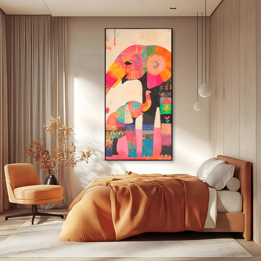 Tablou Canvas Premium, LuxCanva® M1319, Pe Urmele Mamei, Familie, Mama, Pui, Elefant, Arta Abstracta, Mozaic, Dragoste, Copilarie, Multicolor, Legatura, Birou, Living, Camera Copil