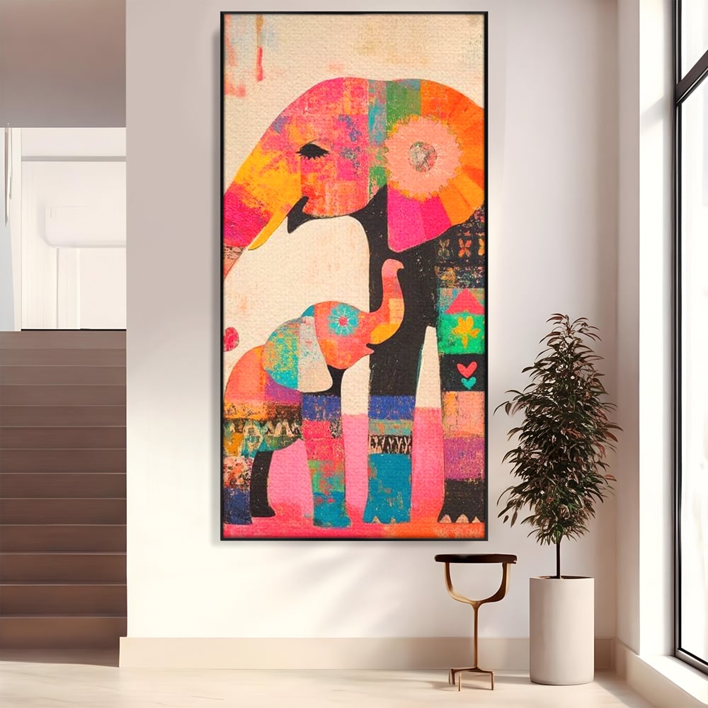 Tablou Canvas Premium, LuxCanva® M1319, Pe Urmele Mamei, Familie, Mama, Pui, Elefant, Arta Abstracta, Mozaic, Dragoste, Copilarie, Multicolor, Legatura, Birou, Living, Camera Copil