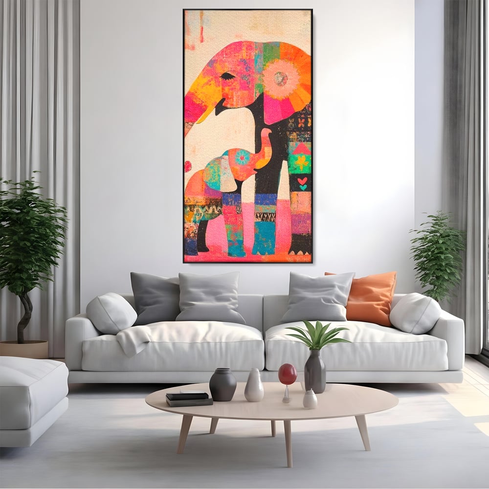 Tablou Canvas Premium, LuxCanva® M1319, Pe Urmele Mamei, Familie, Mama, Pui, Elefant, Arta Abstracta, Mozaic, Dragoste, Copilarie, Multicolor, Legatura, Birou, Living, Camera Copil