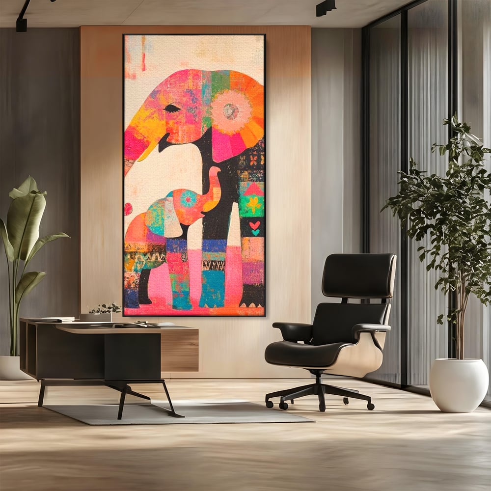 Tablou Canvas Premium, LuxCanva® M1319, Pe Urmele Mamei, Familie, Mama, Pui, Elefant, Arta Abstracta, Mozaic, Dragoste, Copilarie, Multicolor, Legatura, Birou, Living, Camera Copil